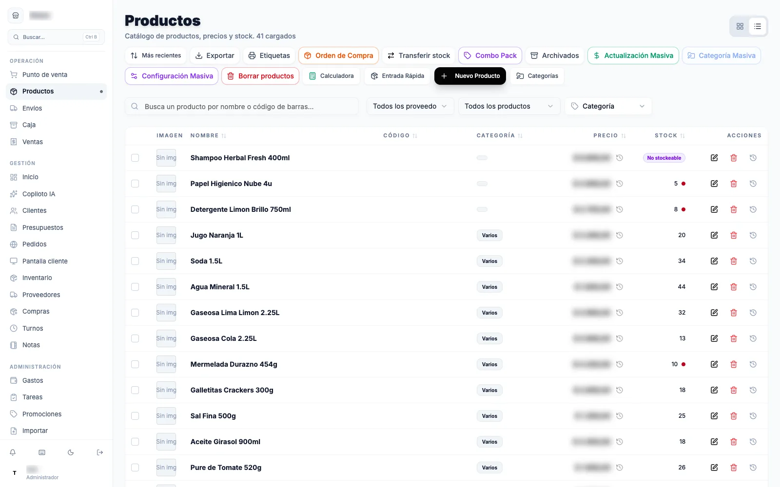 El catálogo de productos con su buscador, filtros y tabla.