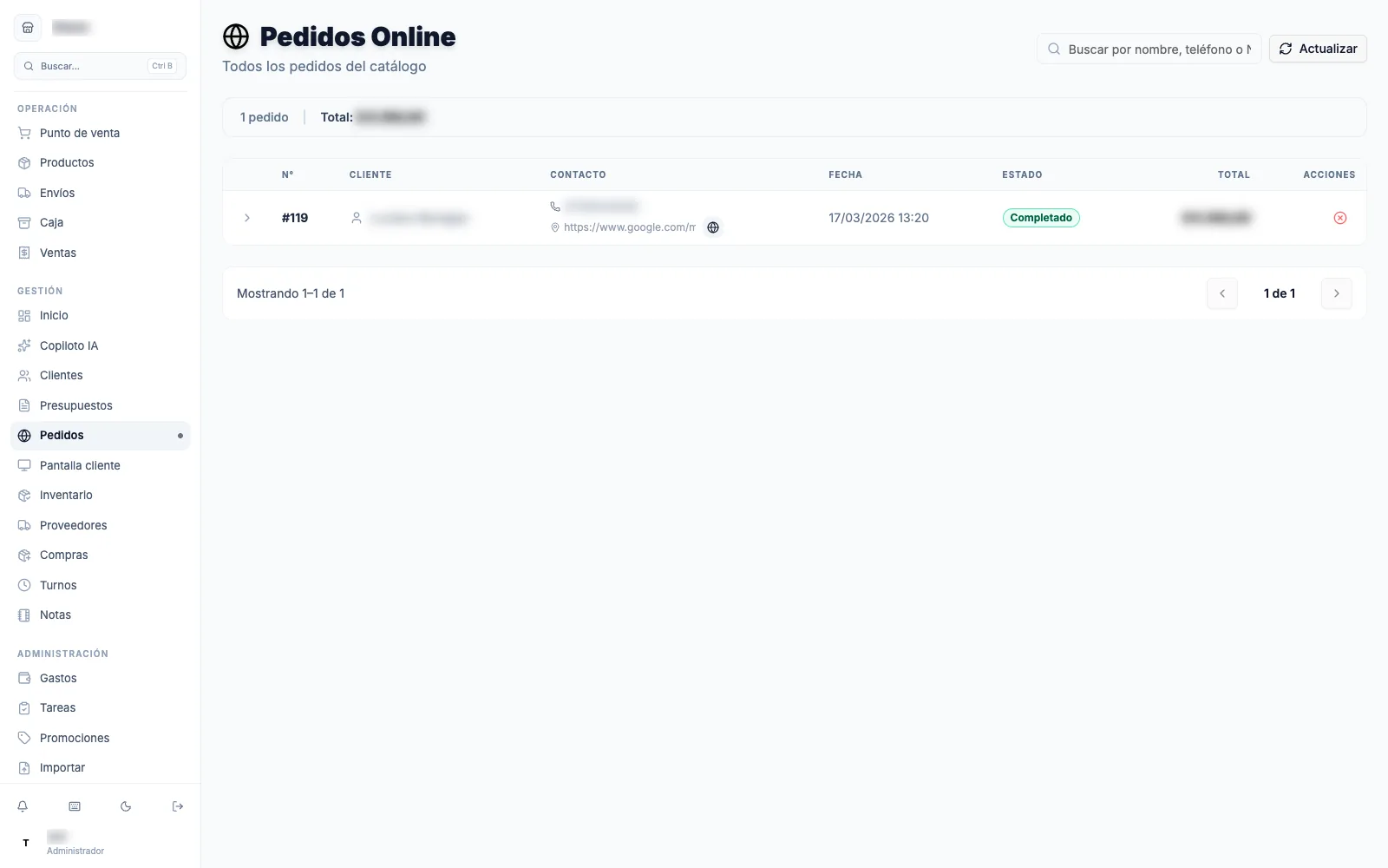 La pantalla de Pedidos con los pedidos online del catálogo, su estado, el badge de pago y las acciones de cada pedido.
