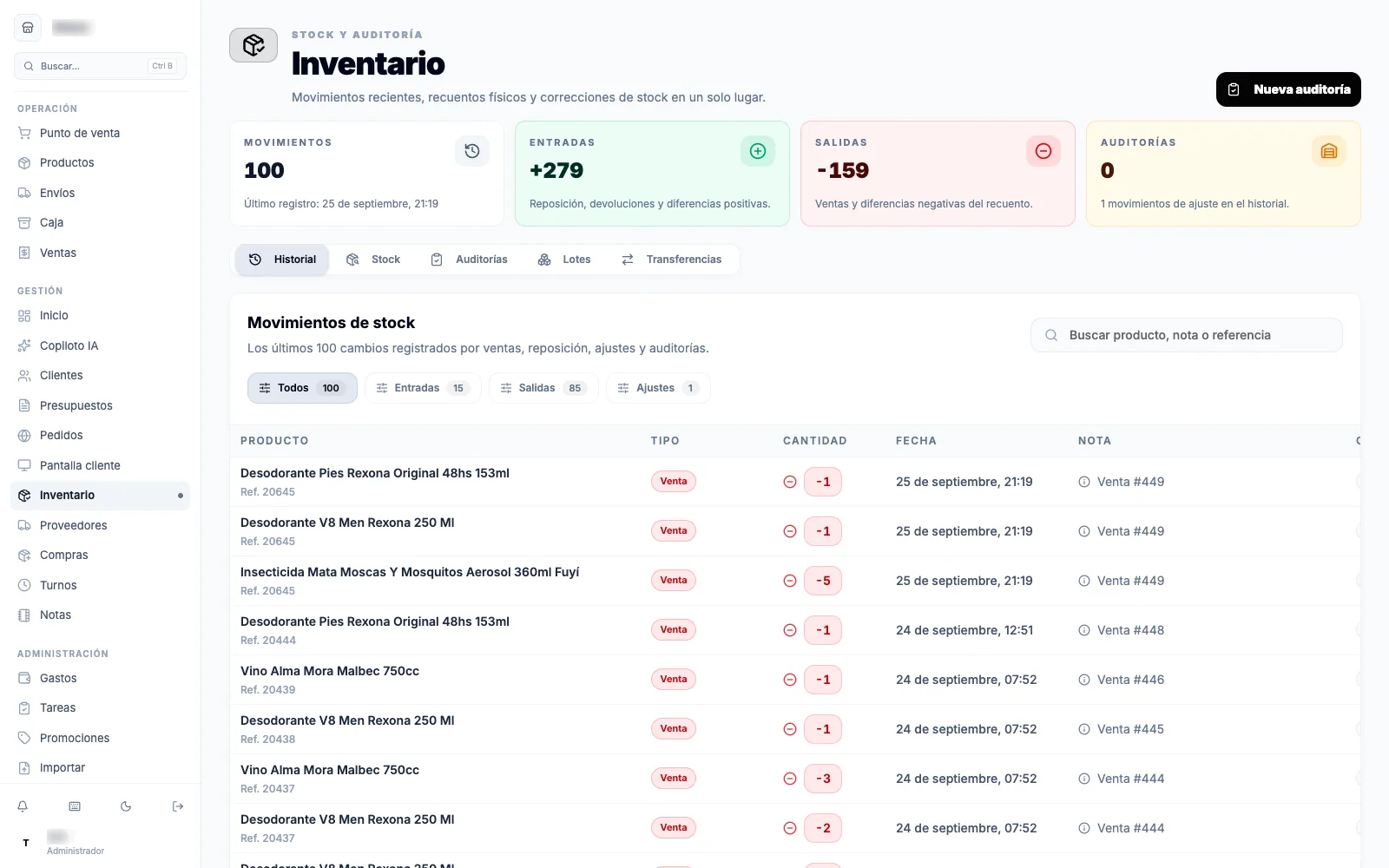La pantalla de inventario con el catálogo de productos y sus indicadores de stock.