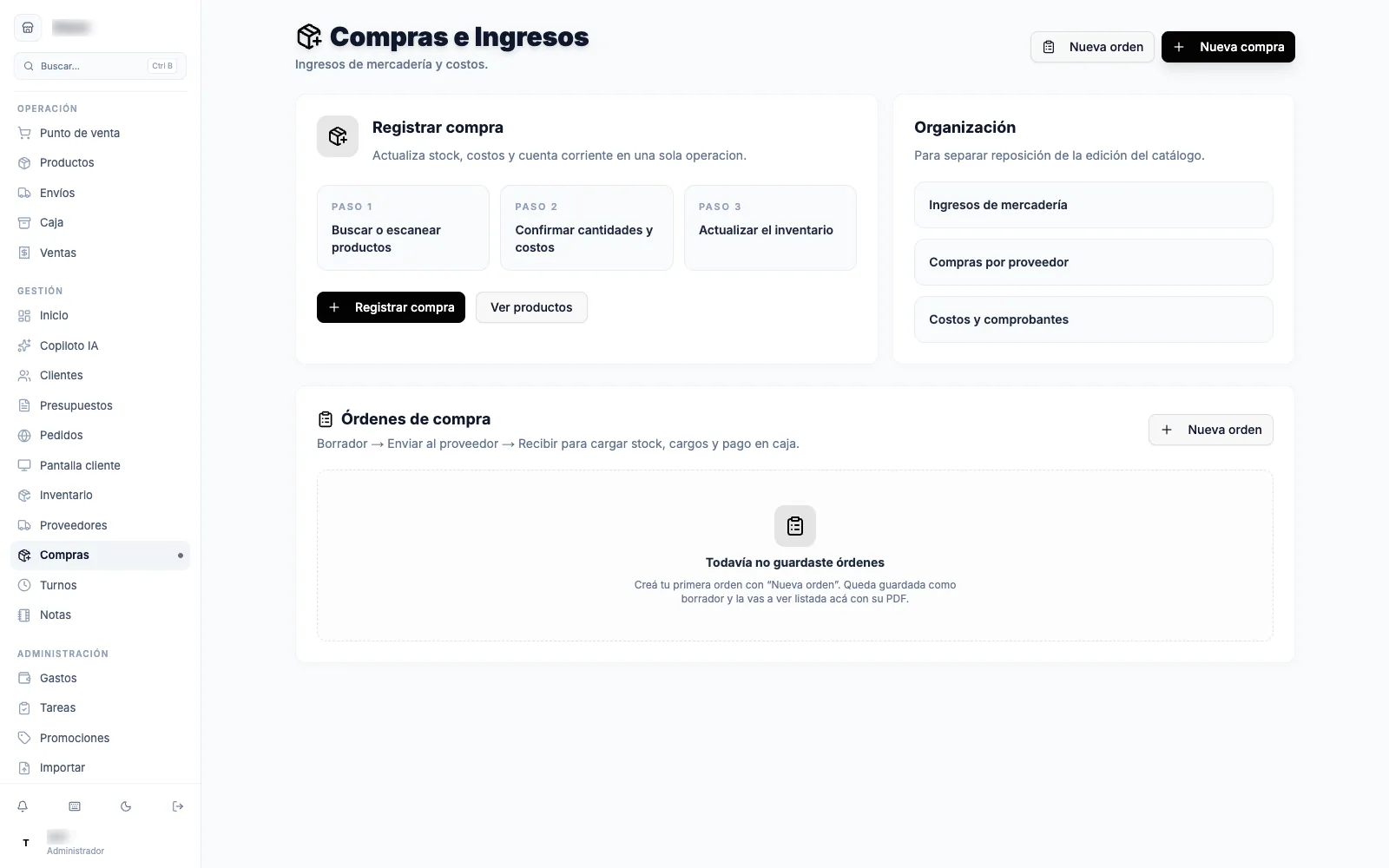 El formulario de registrar una compra, con los productos cargados y el resumen de costos a la derecha.