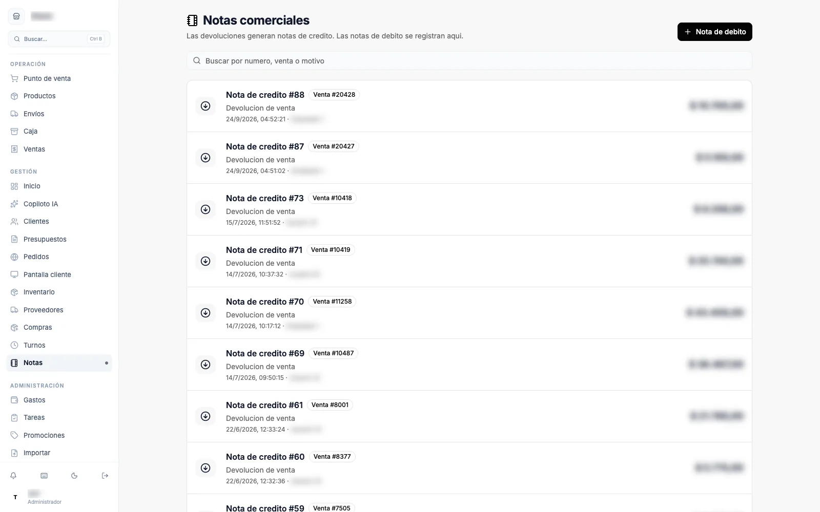 La pantalla de Notas comerciales con la lista de notas de crédito y débito y la búsqueda.