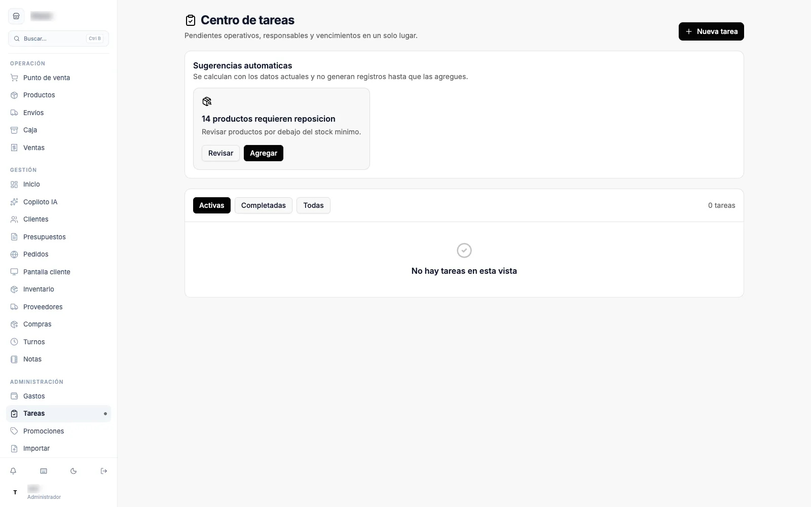 La pantalla del Centro de tareas con las sugerencias automáticas y la lista de tareas pendientes.