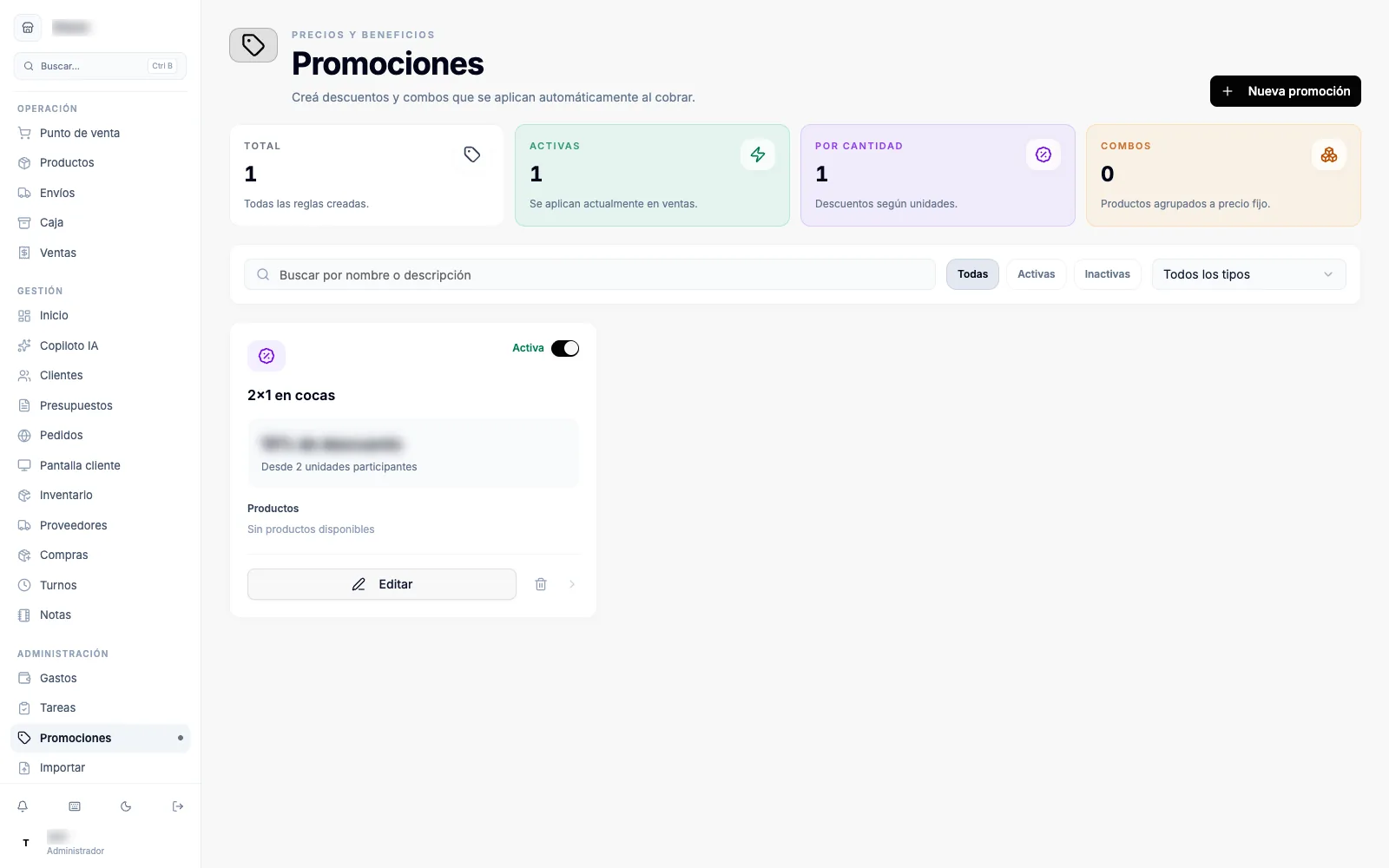 La pantalla de promociones con los tipos de promoción y el listado de las creadas.