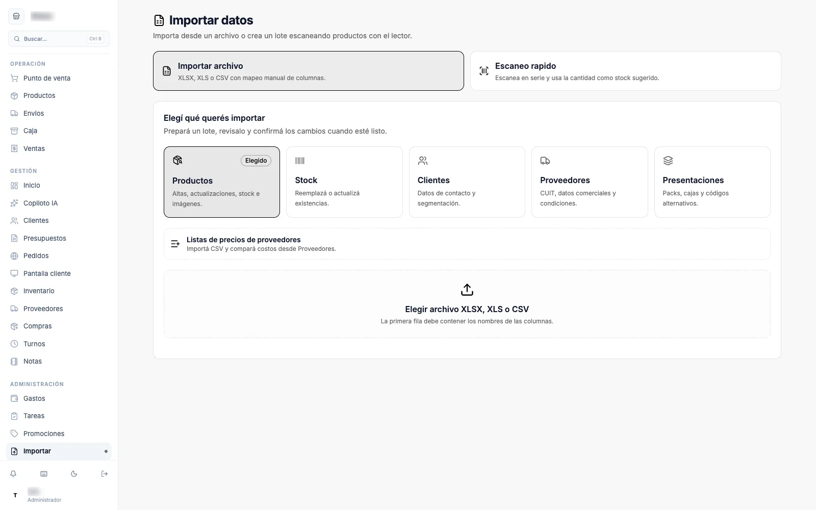 La pantalla de importación de datos, con el tipo de archivo, el mapeo de columnas y la previsualización.