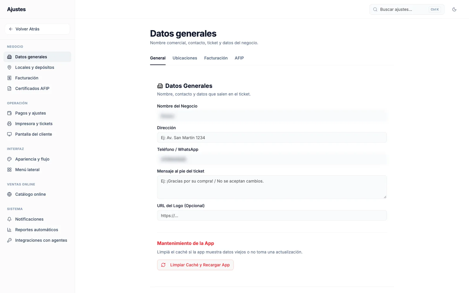 La pantalla de Ajustes con las secciones de Negocio, Operación, Interfaz, Ventas Online y Sistema.
